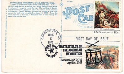 2025 AM. REV. BATTLEFIELDS BUNKER HILL PATRIOTS FDC ON 1975 BH FDC ON POSTCARD - Image 1 of 2