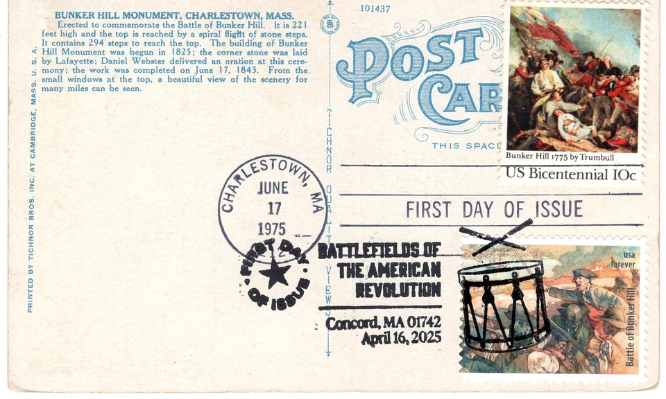 2025 AM. REV. BATTLEFIELDS BUNKER HILL PATRIOTS FDC ON 1975 BH FDC ON POSTCARD - Image 1 of 2