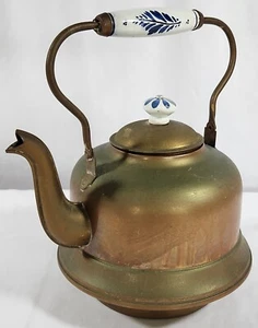 Vtg Primitive Copper Kettle Teapot w/ Gooseneck Spout & Porcelain Feather Handle - Picture 1 of 6