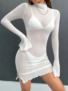 Abito body in rete trasparente con orlo in lattuga collo alto Shein Icon bianco piccolo - Foto 1 di 8