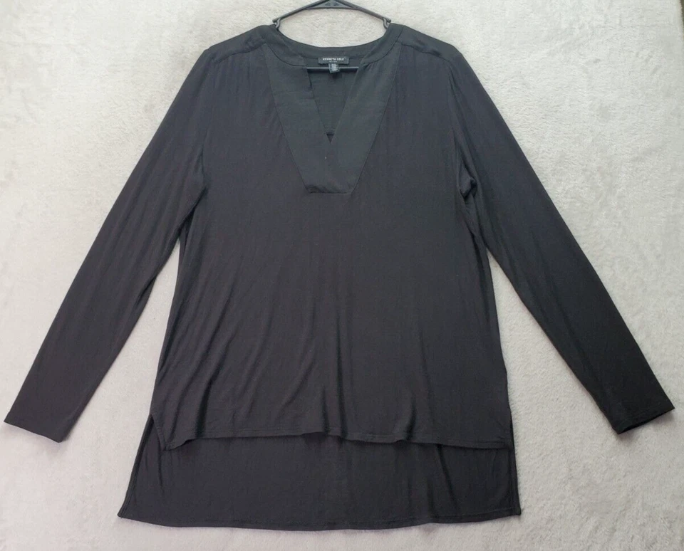 Kenneth Cole Blouse Top Womens Medium Black Viscose Long Sleeve V Neck High Low - Imagem 1 de 4