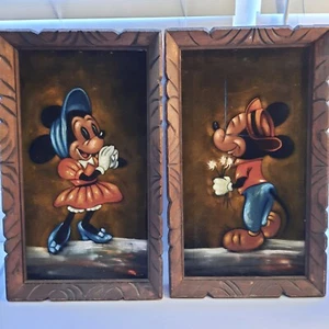 Pintura de terciopelo negro de Mickey Mouse y Minnie Mouse vintage original Marcos *S rasgados - Imagen 1 de 10