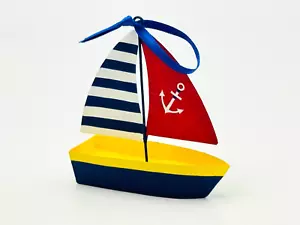 Vintage Handmade Nautical Sailboat Red White Blue Christmas Ornament Decor 5"T - Picture 1 of 6