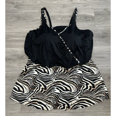 Catherines Black Animal Print Swimdress Swimsuit Womens Plus Size 32W - Image 1 of 4