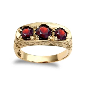 Mens 9ct Gold Jewelco London Garnet 3 Stone Trilogy Carved Gypsy Ring - Picture 1 of 3