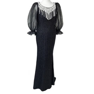 Vintage 1970s Black Lace Evening Gown Puff Sleeve Maxi Dress Handmade uk 12 - Picture 1 of 5
