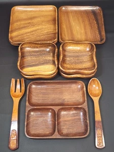MCM Monkey Pod Legno (5) Piatti Quadrati (4) Ciotole e Servizio Set Tiki Hawaii - Foto 1 di 16