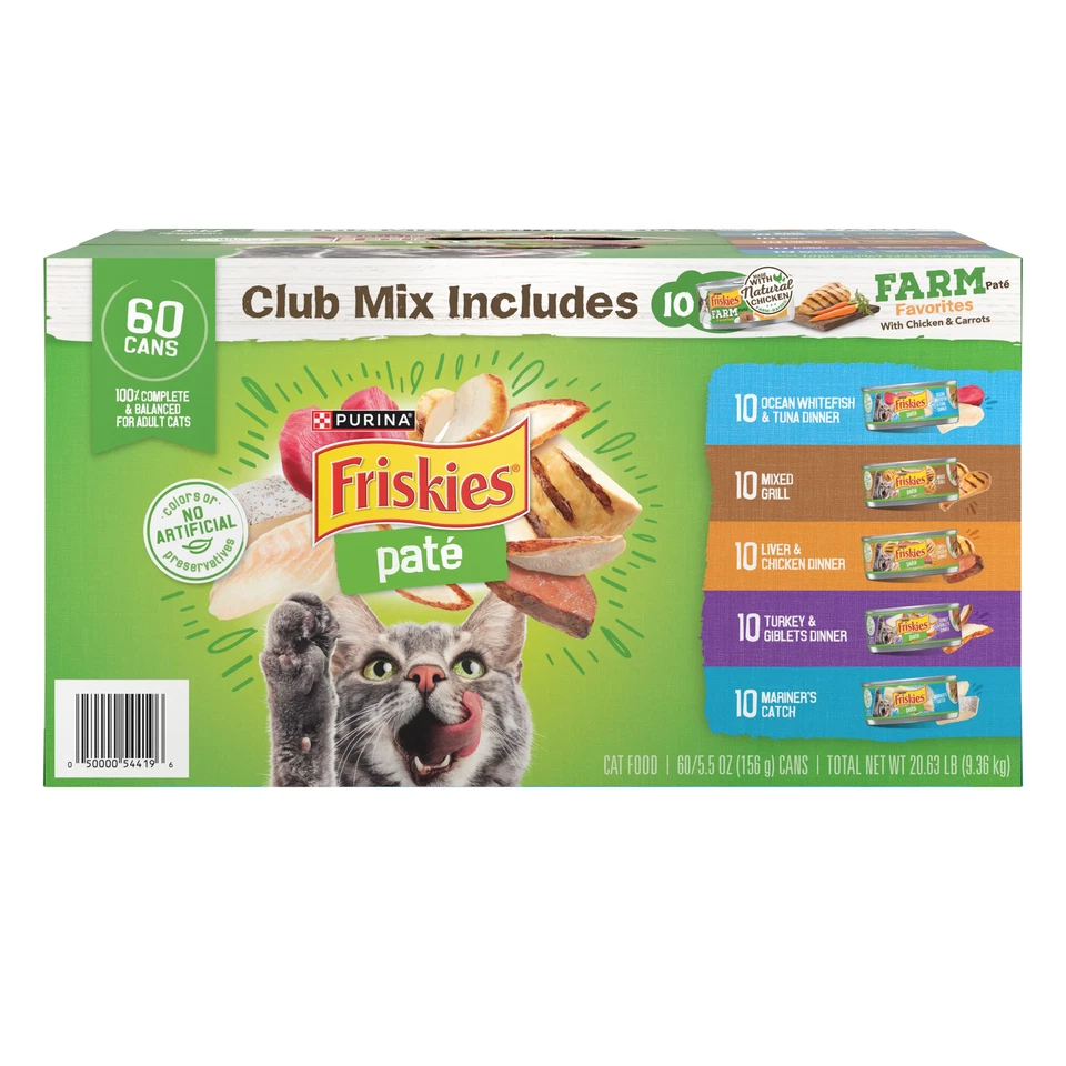 Purina Friskies Wet Cat Food Pate Farm Favorites Variety 5.5 oz 60-count Cans