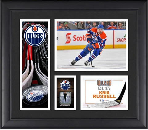 Kris Russell Edmonton Oilers Framed 15x17 Collage w/a Piece of GU Puck Cover