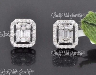 14k Solid White gold  Stud Diamond Earring 1.00 ct baguette - Image 1 of 4
