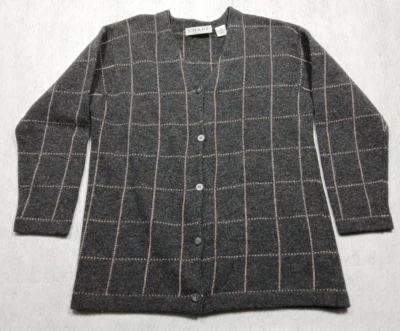 VINTAGE Chaus Petites Medium Gray 100% Lambswool Button Up Sweater Check Pattern - Image 1 of 4