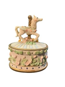 Karussell Pferd Schmuck Schmuckkästchen, blaue Streifen mit rosa Blumen, Geschenkbox - Bild 1 von 9