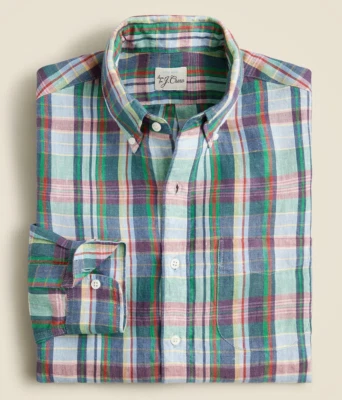 J Crew Linen Shirt Mens Green Baird McNutt Tartan Plaid Slim, Untucked, Classic - Image 1 of 4