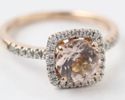 IMPRESIONANTE ANILLO HALO ORO ROSA 14k con corte cojín morganita y diamantes talla 7 Foto 1 de 4