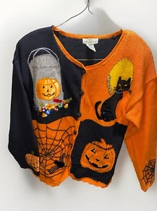 Cárdigan con botones YarnWorks para mujer Halloween talla L negro naranja - Imagen 1 de 16