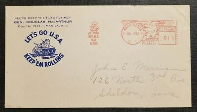 1943 Segunda Guerra Mundial Patriótico Cachet franqueo medido Washington DC a Sheldon IA Foto 1 de 2