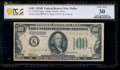 AC 1934B $100 Dallas FRN PCGS 30 Fr 2154-K - Image 1 of 2