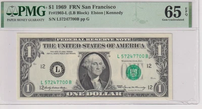 Fr 1903-L 1969 $1 FRN L57247700B PMG 65EPQ SAN FRANCISCO GREEN SEAL GEM CU - Image 1 of 2