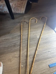 Set Of 3 Vintage Bamboo Burnt Wood Hook Handle Walking Stick / Cane 36” - Picture 1 of 24