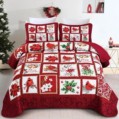 Christmas Quilt Set King Size 3 Pieces Christmas Patchwork Floral Wreaths Cardin - Image 1 of 4