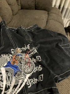 VTG Urban Skoal Grind Bike Embroidery Baggie Black Jean Shorts Boys 14 Husky - Picture 1 of 9