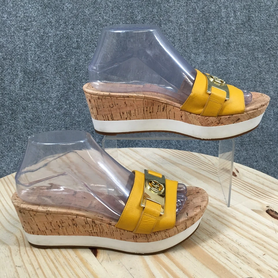 Michael Kors Sandals Womens 8 M Warren Slide Yellow Leather Slip On Wedge Heels - Image 1 of 4