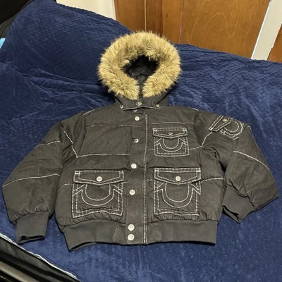 Supreme x True Religion Puffer Jacket Mens Medium Black Fur Hood FW25 Fakemink - Image 1 of 4