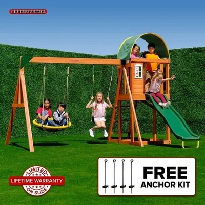 Outdoor Wooden Swing Set Backyard Playground Slide Saucer Play Fort Heavy Duty - Image 1 of 4