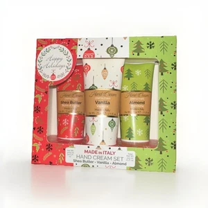 Hecho en Italia Crema de Manos Set de Regalo Manteca de Karité Vainilla Almendra Caja de Vacaciones 3 piezas  - Imagen 1 de 3