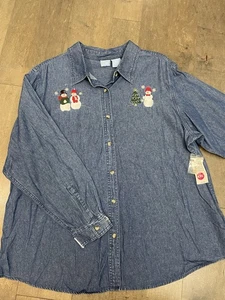 Vintage Neu mit Etikett Holiday Top Damen XXL bestickt Weihnachten Jeanshemd Schneemänner - Bild 1 von 6