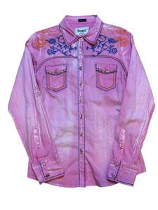 Y2K Roar Womens Pink Western Shirt M Embroidered Long Sleeve Button-Up - Picture 1 of 9