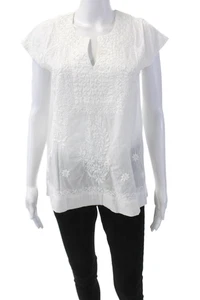 Roller Rabbit Womens Cotton Floral Embroidered Short Sleeve Blouse White Size XS - Picture 1 of 5