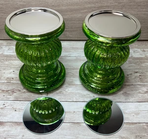Mercury Glass Pillar Candle Pedestal Holders with Lights Set of 2 -Emerald Green - Picture 1 of 16