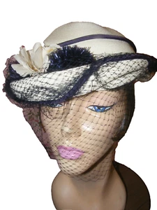 40s Hat White Straw Upturn Brim Flowers Navy Full Netted Face 1940s Millinery - Picture 1 of 15