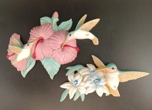 VTG Burwood 90s Wall Hanging Hummingbirds Flowers Mauve Pink Green 3303 Set of 2 - Picture 1 of 5