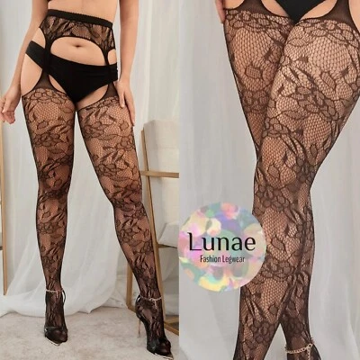 Suspender tights lace 8/10/12/14/16 FLORAL stocking fishnet crotchless - Image 1 of 3