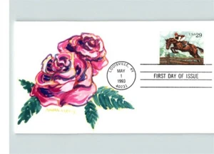 HORSES Equestrian, Hand Painted # 1 of 1 "Run for the Roses" FDC - Picture 1 of 1