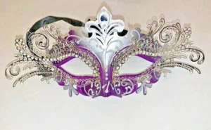 New Venetian masquerade/Mardi Gras mask Silvertone metal purple glitter/ Crystal - Picture 1 of 7