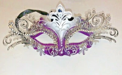 New Venetian masquerade/Mardi Gras mask Silvertone metal purple glitter/ Crystal - Image 1 of 4