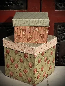 Grubby Primitive Stacking Fabric Covered Box Set of 2 Summer Rose Garden GP OOAK - Picture 1 of 23