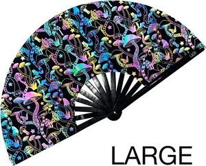 ✨ Rainbow Mushrooms UV ✨ FLASH Reflective Fabric Hand Fan Rave Loud Clacking - Picture 1 of 7