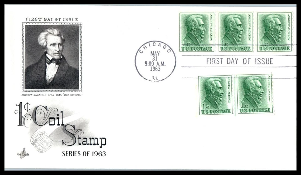 1963 Andrew Jackson 1c coil Sc 1225 line pair FDC with ArtCraft cachet (L30 - Image 1 of 1