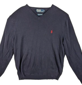 Polo Ralph Lauren Sweater Mens L Navy Blue Pima Cotton V-Neck Pullover - Picture 1 of 6