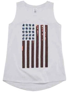 Girls Red White & Blue Sequin American Flag Tank Top Patriotic 4 July Shirt - Picture 1 of 1