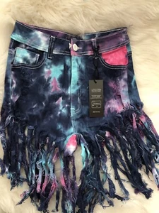 Distressed hoch geschnitten taillierte Shorts Stretch Denim rosa lila Batik Medium M - Bild 1 von 6