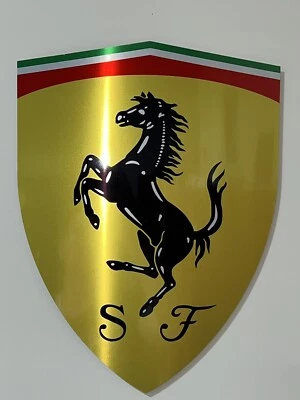 Large 18” Shield Ferrari Yellow Gold  Racing Inspired Brushed Aluminum Sign - Image 1 of 3