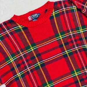 Vintage Chaps Ralph Lauren Sweater Men XL Red Plaid Crewneck Linen Cotton Blend - Picture 1 of 11