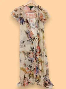 Ralph Lauren Lauren 100% Silk Dress Evening Layer Tie Floral Design UK Size 8 - Picture 1 of 13