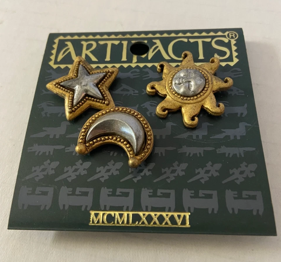 Set of 3 Vintage JJ Artifacts Jonette Moons and Stars Pins MCMLXXXVI New - Image 1 of 1