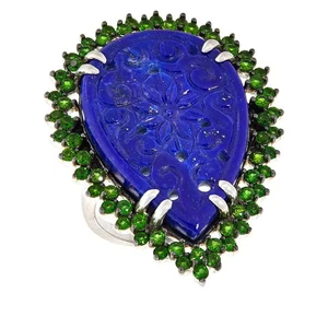 Rarities Pear-shaped Carved Lapis and Chrome Diopside Ring Size 5 - Picture 1 of 2
